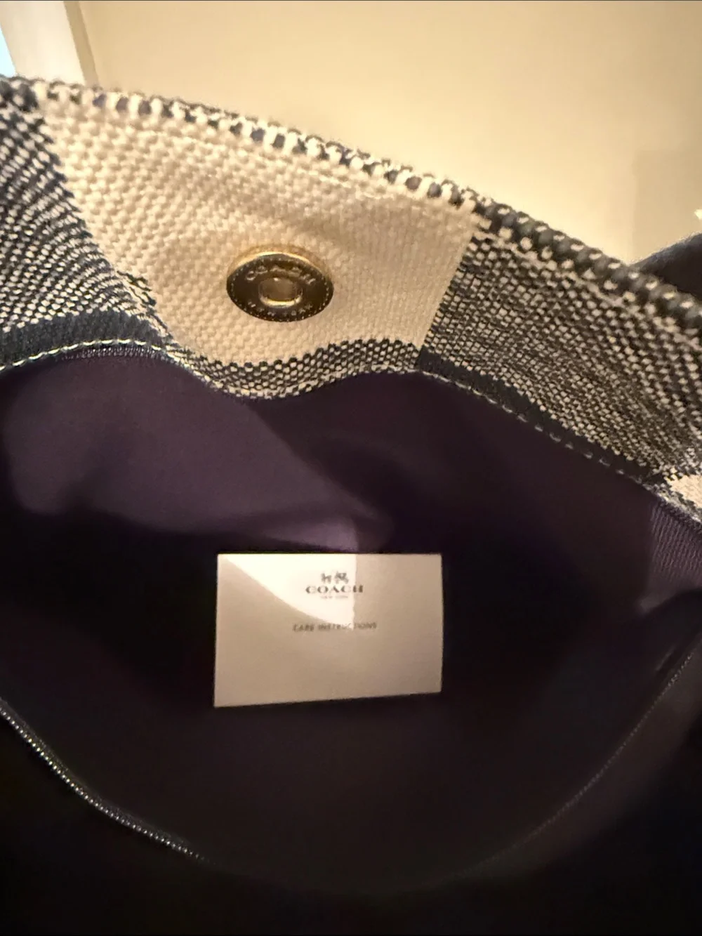 Coach Cream and Blue Buffalo Check Canvas Tote with Long Straps